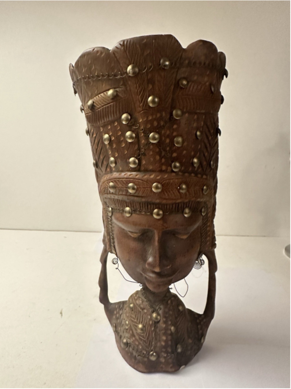 Vintage Hand Carved African Wooden Mask Brass Stud Inlay Wall Hanging Art 13.5in